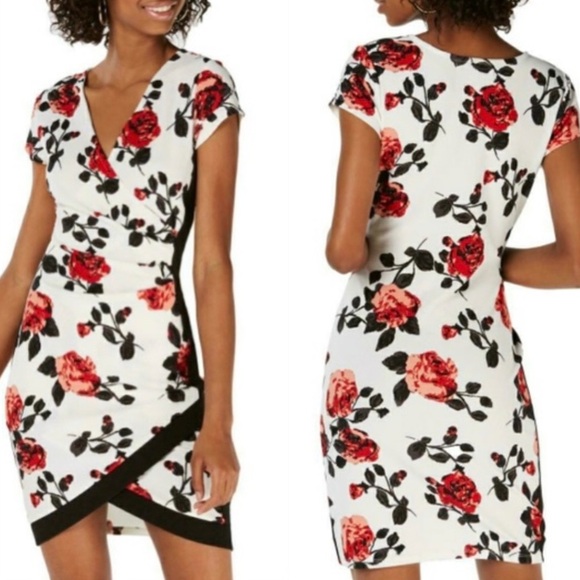 NWT Floral Print Wrap Asymmetrical Hem Mini Dress | Almost Famous Macy’s Bodycon - Picture 2 of 13
